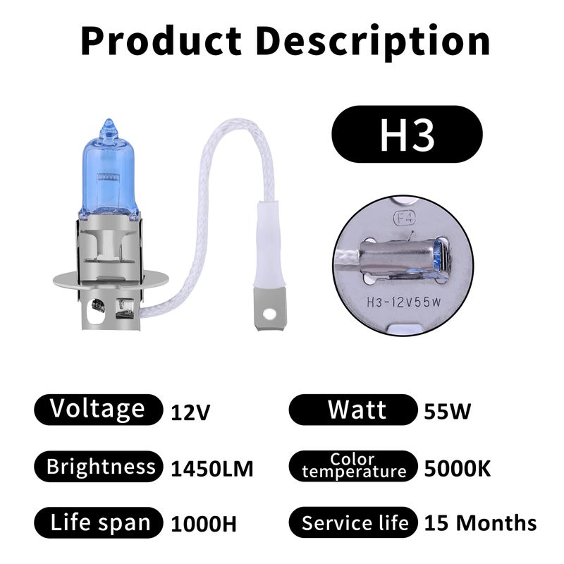 NEWBROWN H3 Headlight Bulb 5000K Super White Light Long Life Replacement PK22S 12V/55W (H3, 2 Pack) - Image 3